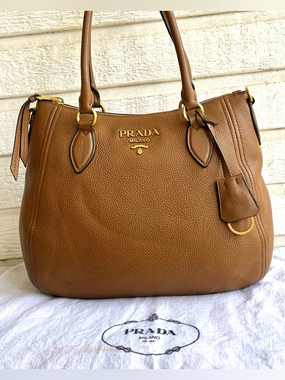 PRADA British Tan Brown Vitello Phenix Daino Shoulder Bag Tote Handbag Bag